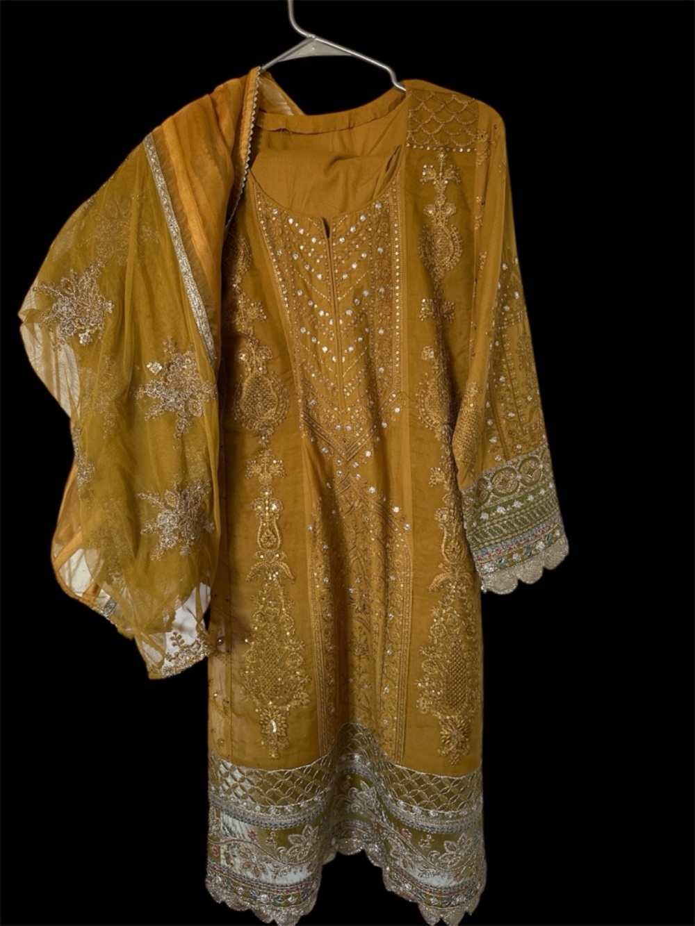 Embellished Mustard Gold Embroidered Tunic with Sheer Dupatta
